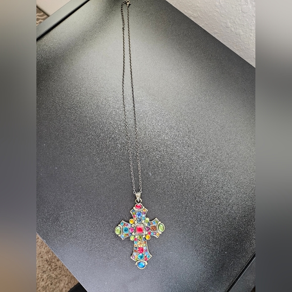 Colorful Rhinestone Cross Necklace - Picture 3 of 9
